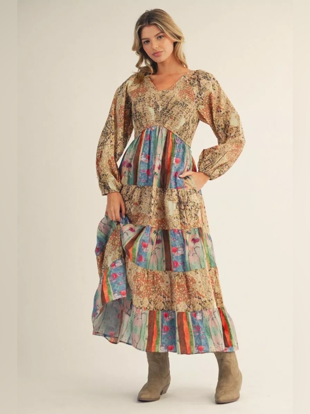 #258 Boho Patchwork Maxi Dress in Multicolor - Picture 1 of 4